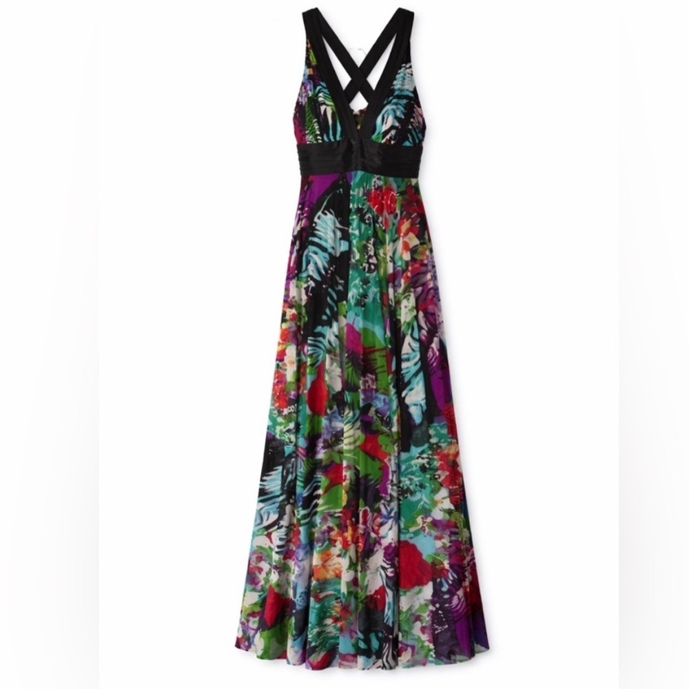 Alberto Makali Tropical Floral Maxi Dress Size 2 Criss Cross Back Beaded Resort